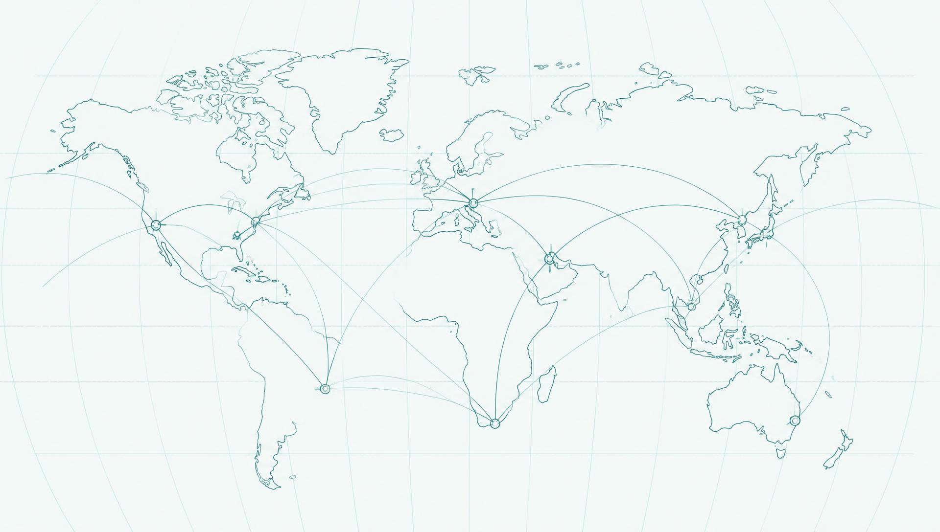 Line-drawn world map with thin arcs connecting airport hubs across every continent